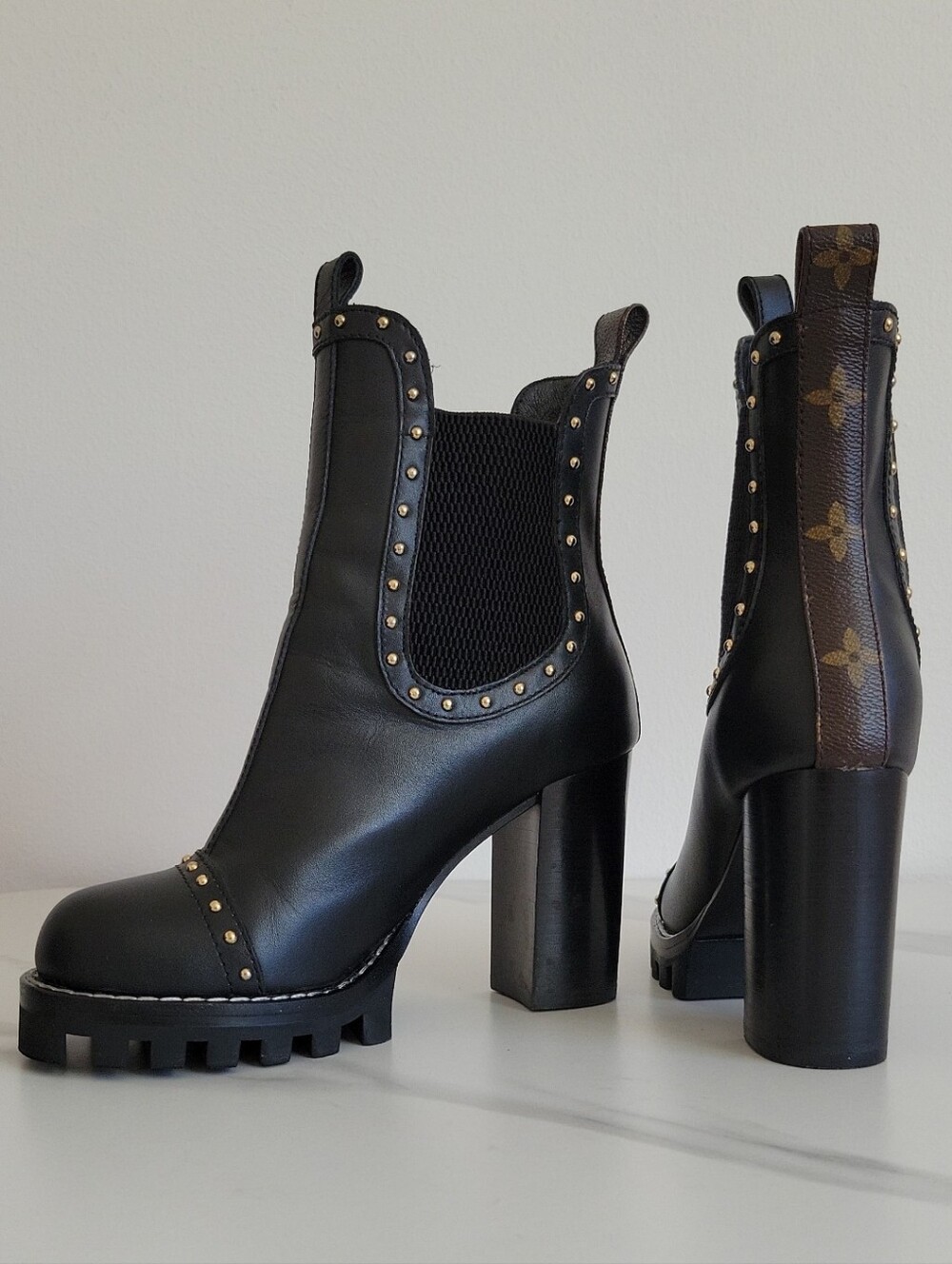 Louis Vuitton Black Studded Chelsea Lug Heel Boots